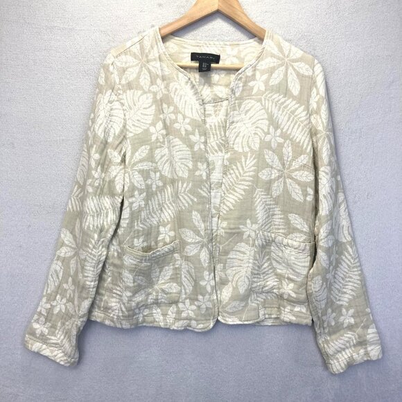 Tahari Linen Blend Open Front Jacket Womens Medium M Floral Lightweight Beige - Picture 1 of 13